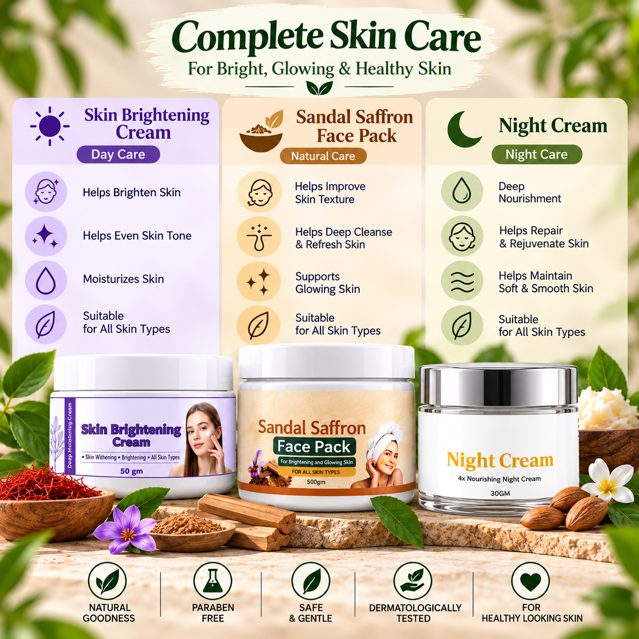Complete Skin Care Combo | Skin Brightening Cream + Sandal Saffron Face Pack + Night Cream