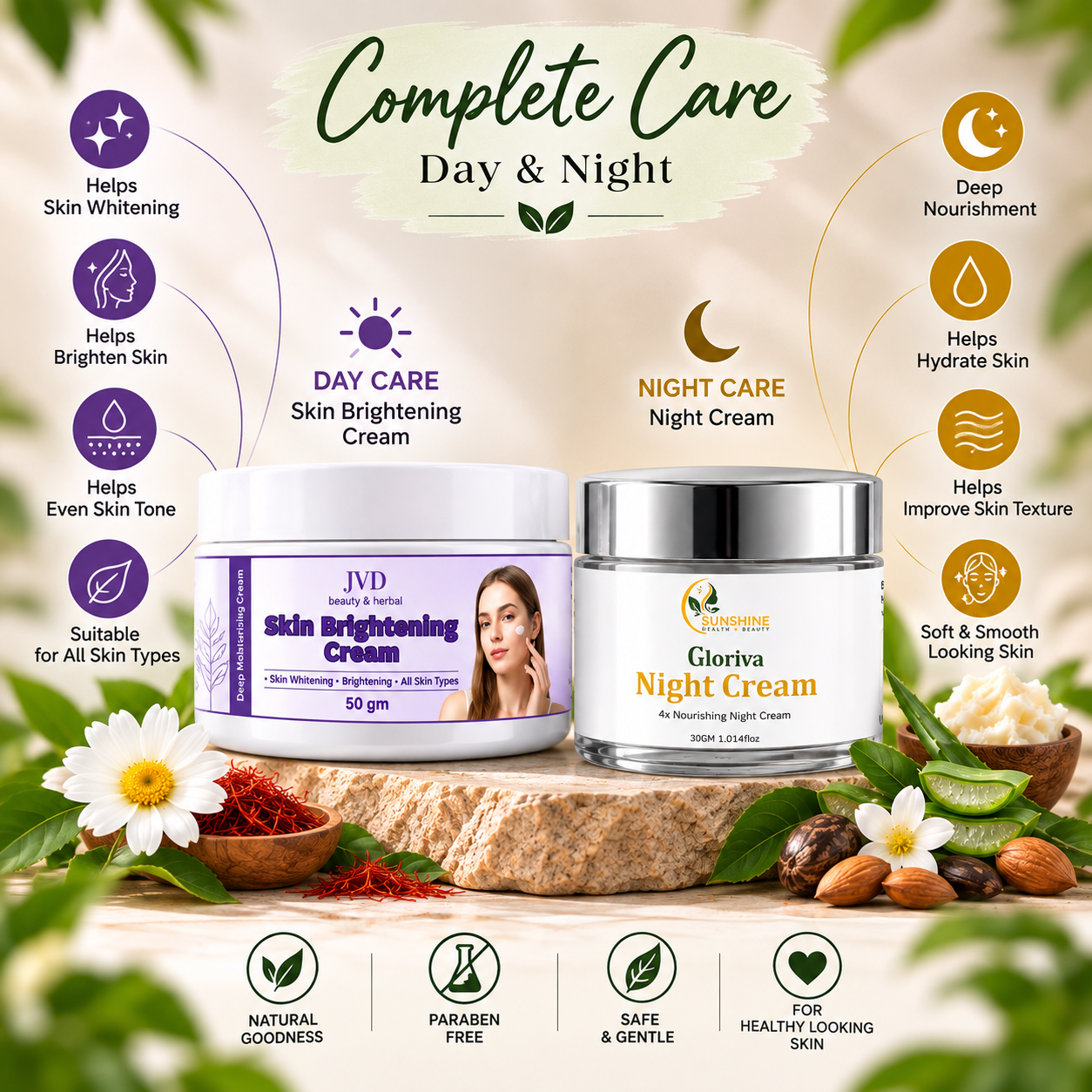 JVD Skin Brightening Cream & Gloriva Night Cream Combo | Day & Night Complete Skin Care