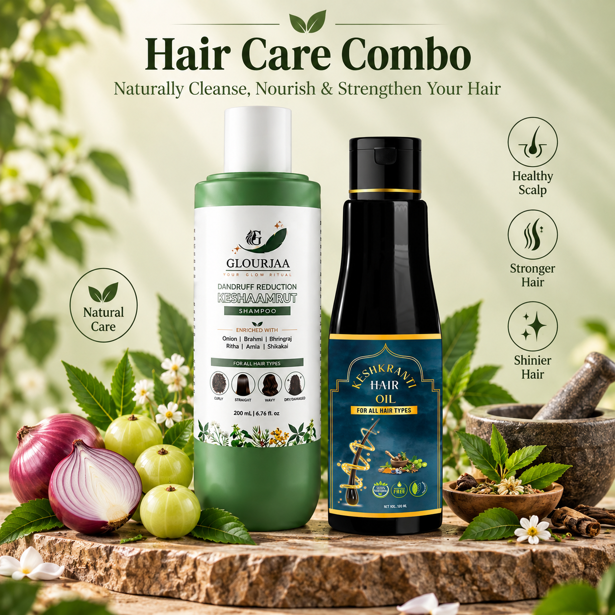 Glourjaa Shampoo & Keshkranti Hair Oil Combo | Complete Hair Care