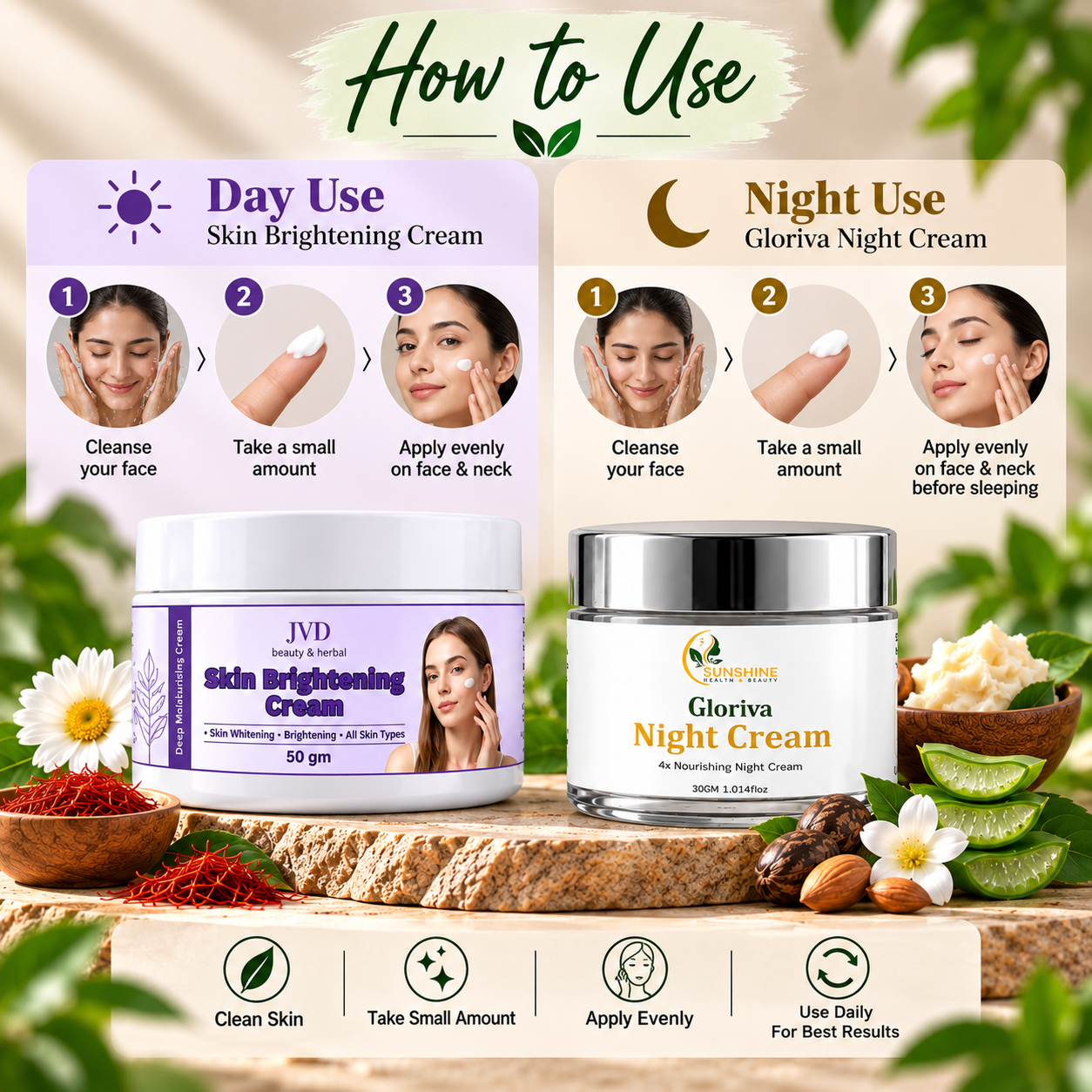 JVD Skin Brightening Cream & Gloriva Night Cream Combo | Day & Night Complete Skin Care