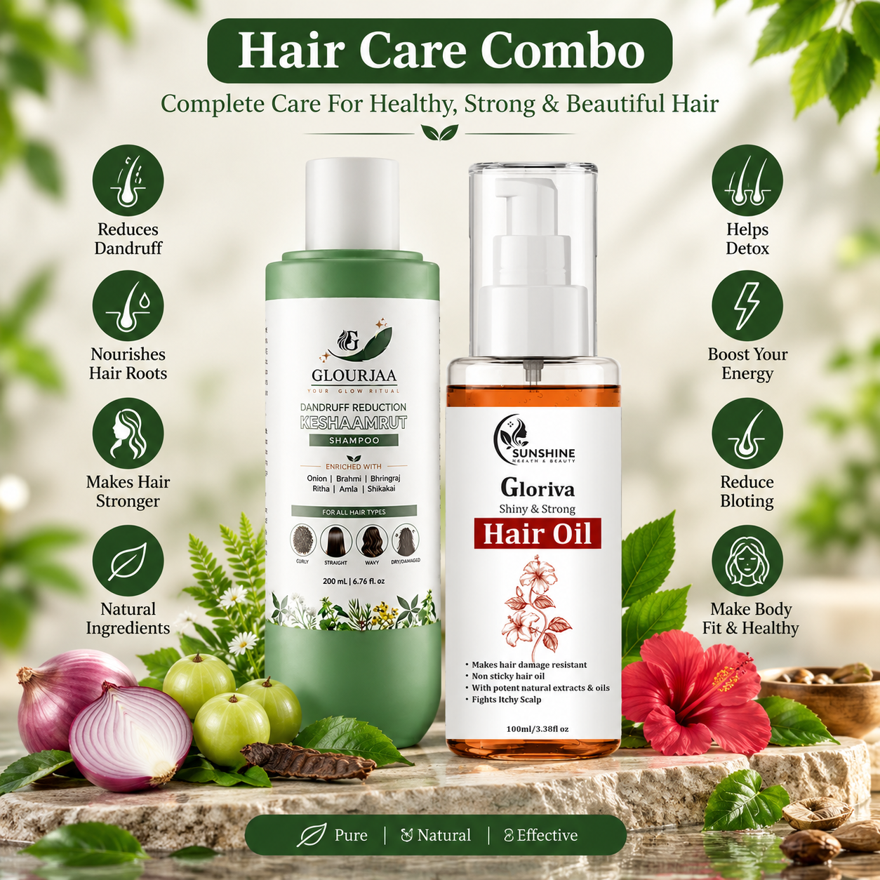 Glourjaa Keshaamrut Shampoo & Gloriva Hair Oil Combo | Complete Hair Care