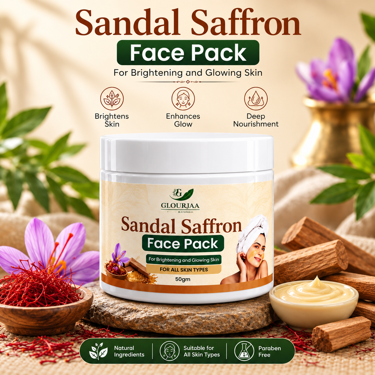 GLOURJAA Sandal Saffron Face Pack & Skin Brightening Cream Combo